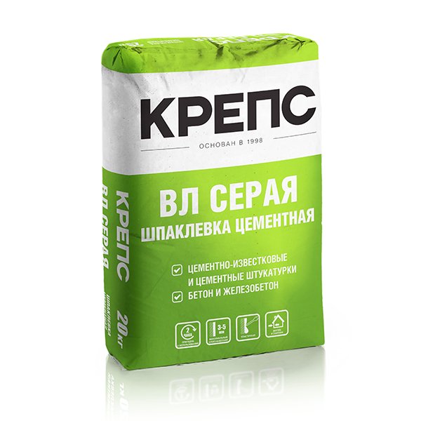 Шпаклевка цементная финишная Крепс ВЛ, серая, 20кг